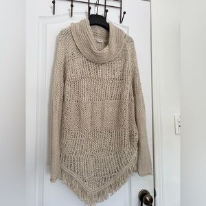 Esprit Beige Cowl Neck Open Knit Fringe Hem Sweater